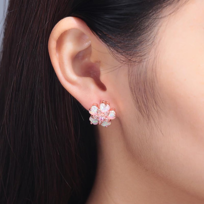 CiNily 14K Rose Gold Plated Flower Stud Earrings Womens Pink Opal Earrings Hypoallergenic Big Gemstone Stud Earrings 15 mm - Image 4